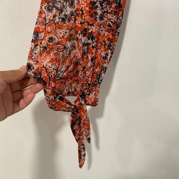 Free People Floral Mesh Top Small Draped Tie Neck Boho Y2K Blouse - Image 8