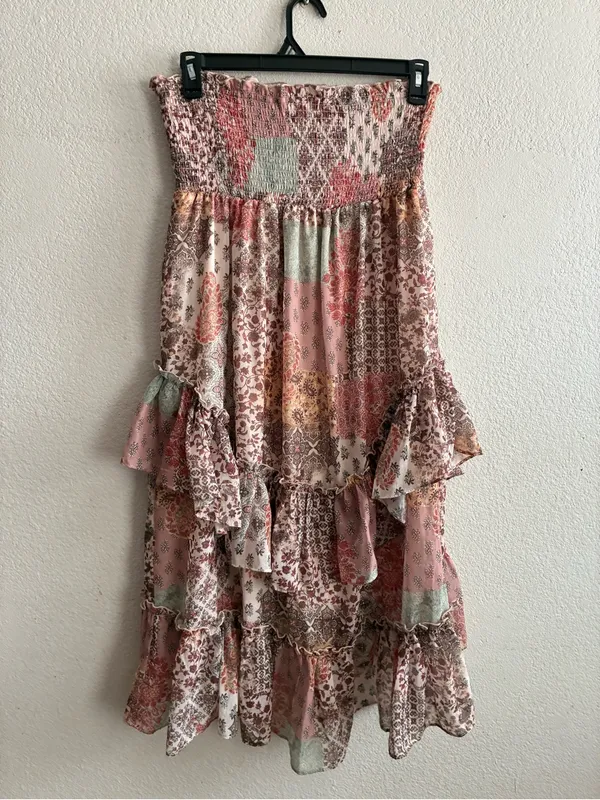 Life Boho Patchwork Ruffle Convertible Dress/Skirt Blush Multi L Pink Size L - Image 11
