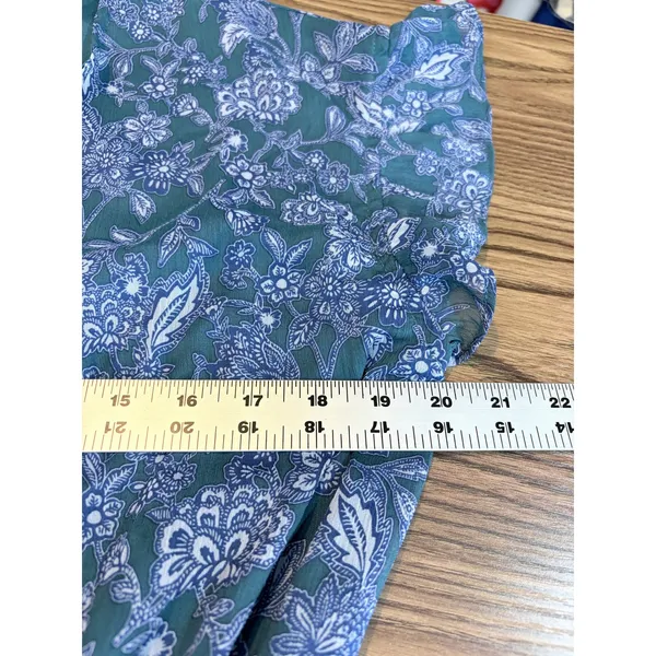 Voy Teal Blue Floral‎ Midi Dress Smocked Waist Flutter Sleeve L Cottagecore - Image 9