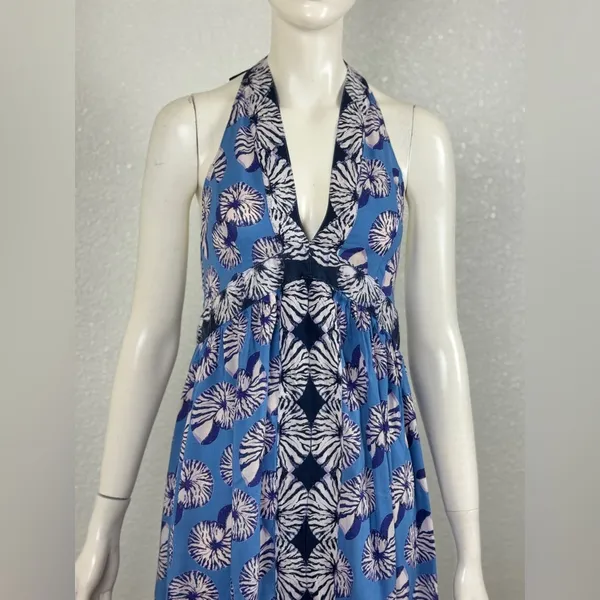 By Anthropologie XS Halter Cutout Midi Dress Maxi Blue Seashells Print. J-13 - Image 11