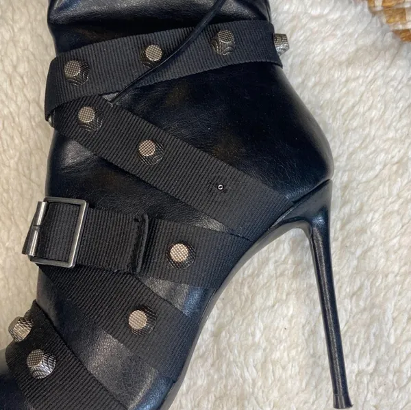 Steve Madden Fink Black Faux Leather Strappy Studded Knee High Boots - Image 6