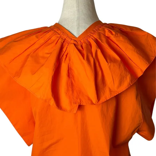 Tela Dress Women XS Orange Cotton Poplin Ruffle V-Neck Cap‎ Sleeve Shift Mini - Image 6
