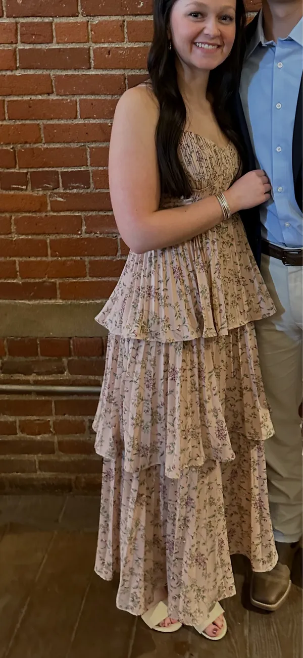 Lulus Pink Floral Tiered Midi Dress - Image 4