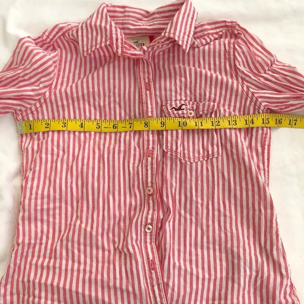 2000s Y2K Hollister Preppy Bloquette Academia Striped Logo Button Up Down Shirt Top Blouse Long Sleeve Pink White Schoolgirl Teacher College Professor University Measurement in pics - Image 4