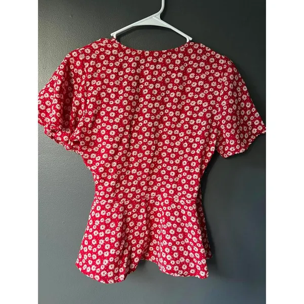 Red and White Floral Wrap Top by ONE Clothing - Size XS - Image 3