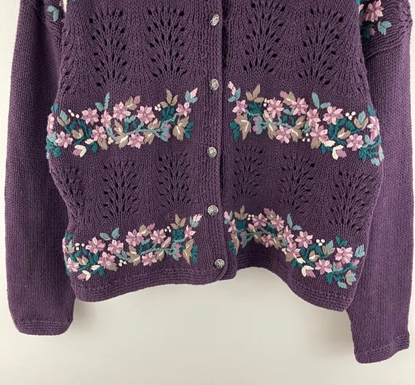 Christopher & Banks Vintage 90’s Purple Hand Embroidered Floral Knit Sweater - Image 4