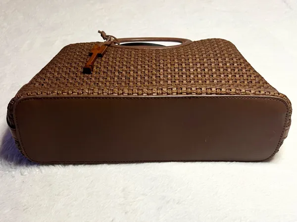Vintage Fossil Brown Woven Tote Bag with Leather Trim & Logo Key Charm - Image 3
