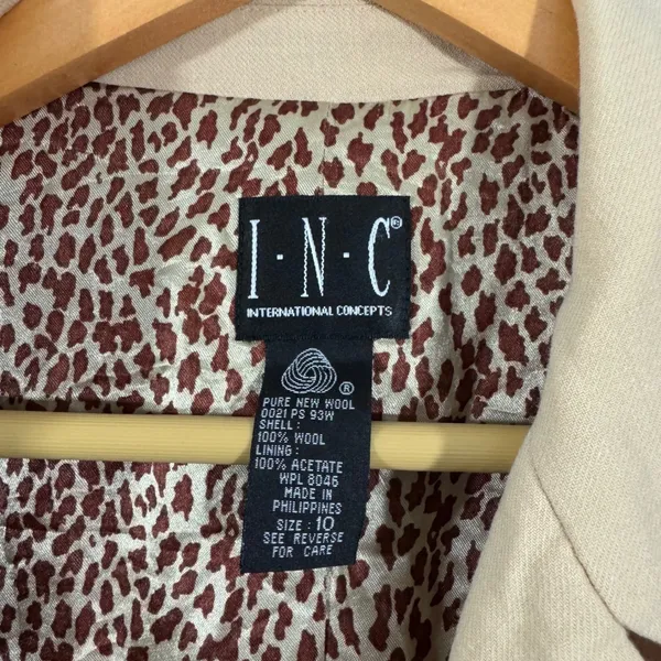 Vintage INC Beige Double Breasted Pure New Wool Trench Coat Size 10, Leopard - Image 5