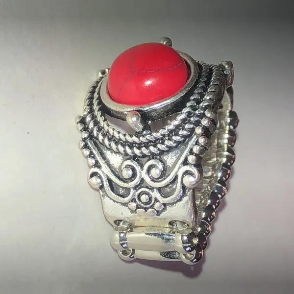 Silver Tone Bohemian Ring with Red Faux Stone - Image 2