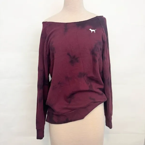 Victoria’s Secret PINK Raw Cut off shoulder Crew Sweater Top Ruby Tie Dye medium - Image 4