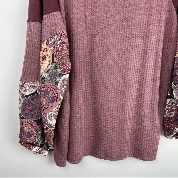 Umgee Waffle Knit Balloon Sleeve Sweater Top Sz Large Boho Patchwork - Image 11