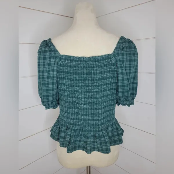 J.Crew Green Plaid Smocked Peplum Top Puff Sleeve Square Neck‎ Women’s Small - Image 4