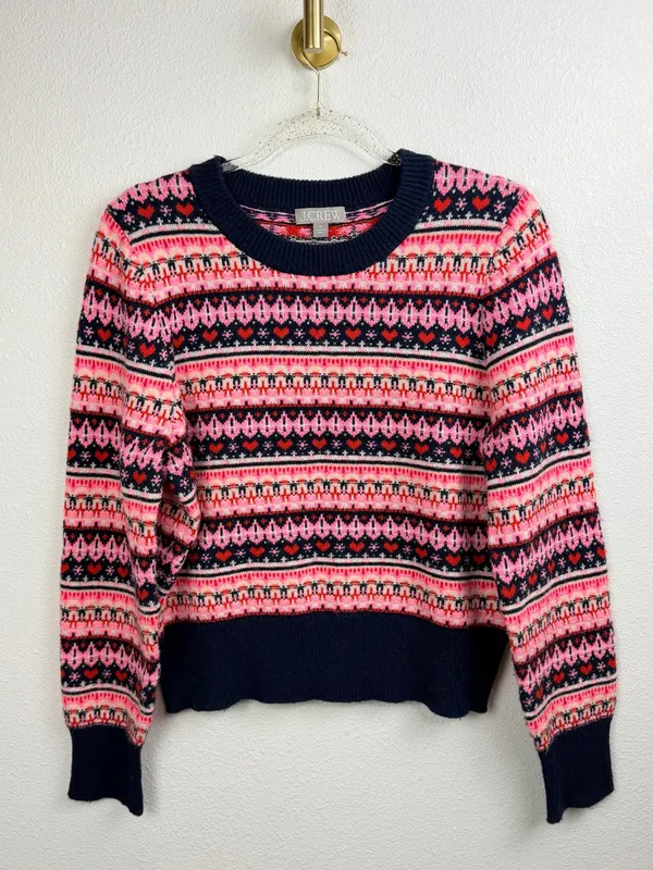 J. Crew Knit Pink Heart Winter Patterned Crewneck Sweater Size M - Image 2