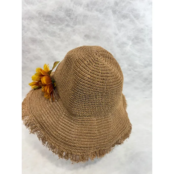 Womens‎ Brown Woven Paper Straw Sun Hat with Frayed Edge and Sunflowers - Image 4
