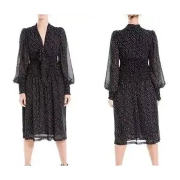Max studio black polka dot smocked waist long sleeve dress size small - Image 2