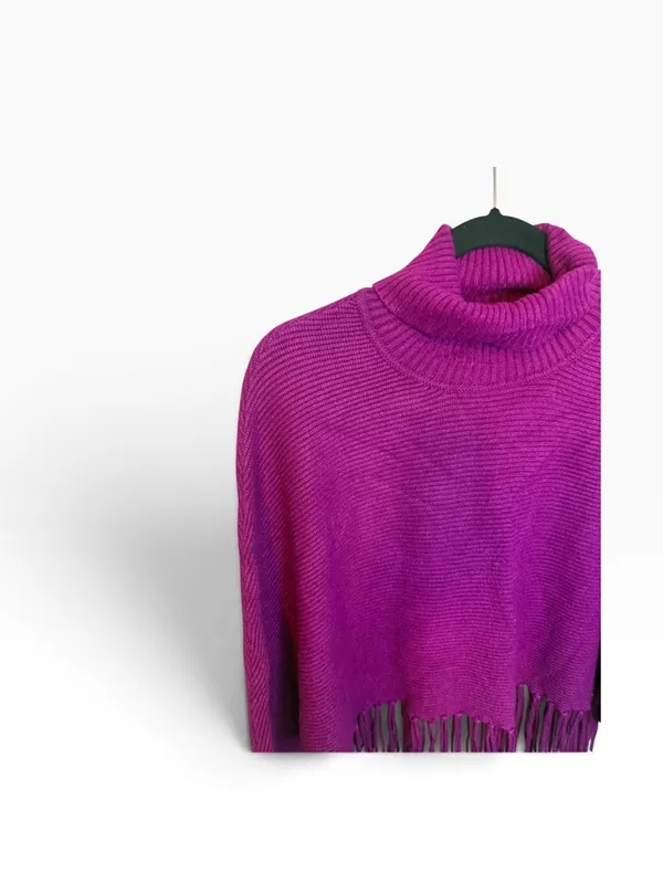 Yolly Italy Purple Fringe Turtleneck Poncho Sweater - Image 2