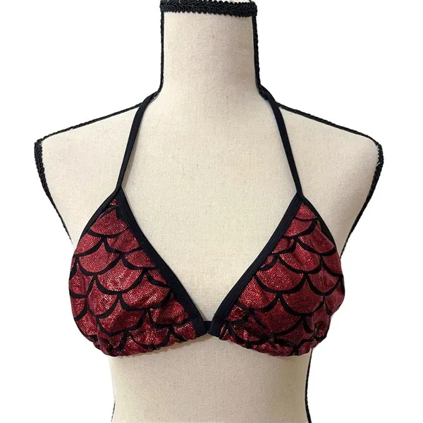 Living Dead Clothing Mermaid Bikini Top | Red Foil Triangle Goth Swimwear - Image 2