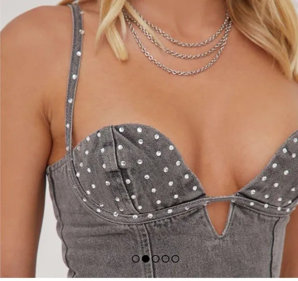 EGO top PLUNGE DIAMANTE DETAIL DIPPED HEM CORSET TOP IN WASHED GREY DENIM - Image 2