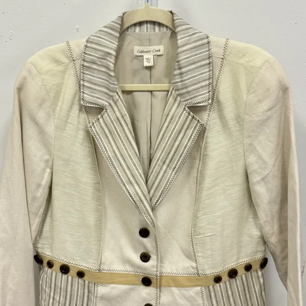 Coldwater Creek Cream Striped Mixed Media Button Front Blazer‎ Jacket Women's 14 - Image 4