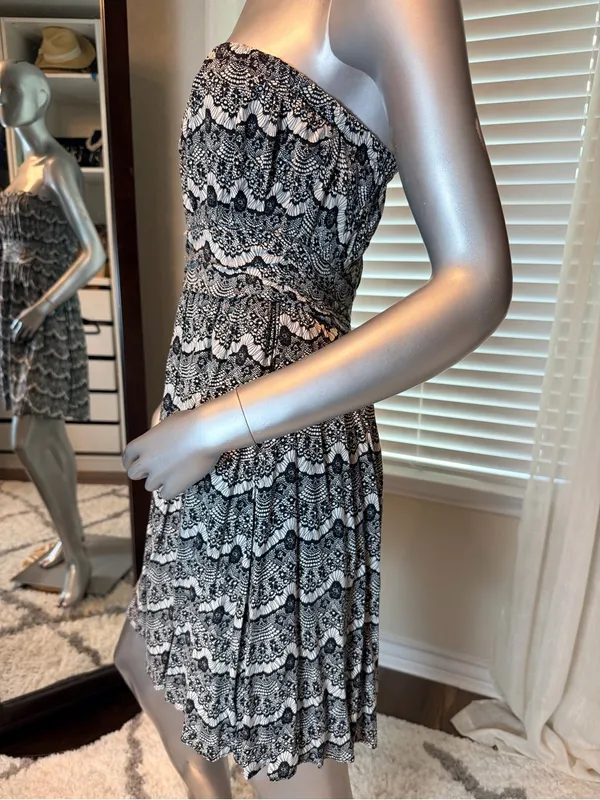 YA Los Angeles Strapless Lace Print Mini Dress Medium Cotton Blend Smocked Zip - Image 3