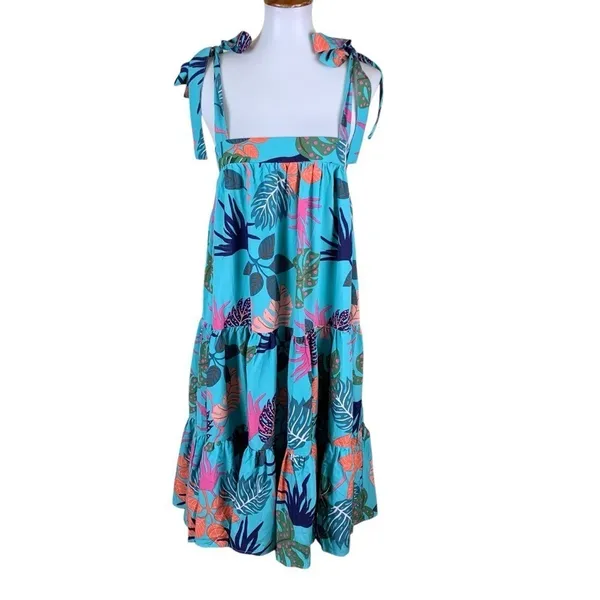 Umgee Teal Tropical Tie Strap Tiered Maxi Dress Medium - Image 2