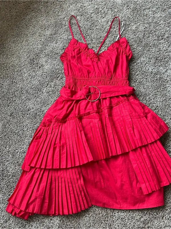 Nordstrom Hot Pink Tiered Pleated Mini Dress with Belt - Image 3