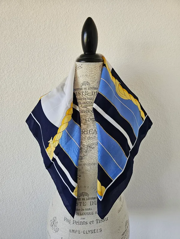 Vintage Nautical Square Scarf Gold Rope Link Navy Blue Sky Blue White 31x31​ - Image 2