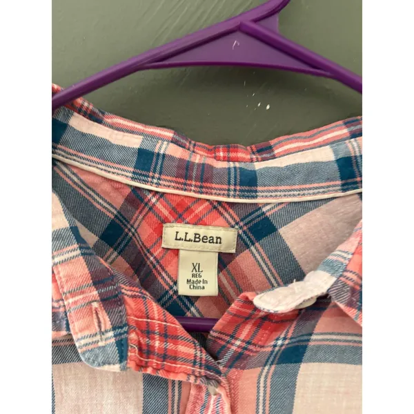 LL Bean Womens XL Pink Blue Plaid Cotton Button Down Shirt Long Sleeve 282506 - Image 4