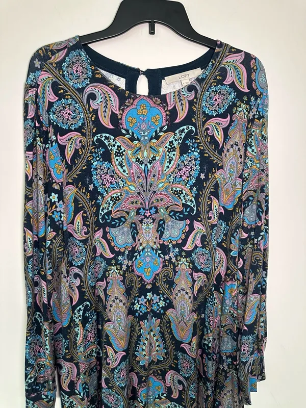 Loft Paisley Dress Size XL Blue Pink Long Sleeve Keyhole - Image 3