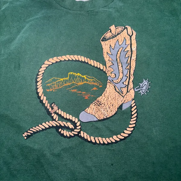 VTG Tultex Western Cowboy Boot Lasso Graphic T-Shirt Green‎ Womens L 90s Cotton - Image 2