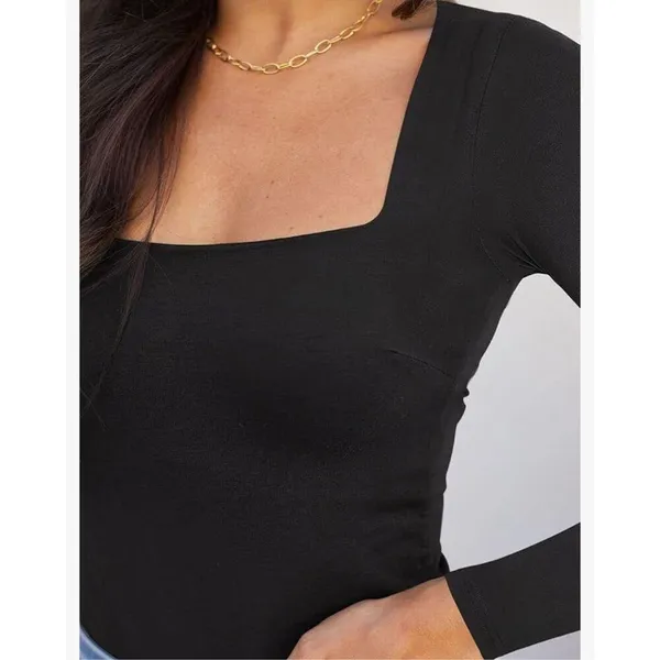 NEW REORIA Basic Square Neck Double Lined Long Sleeve Bodysuit M Black Size M - Image 6