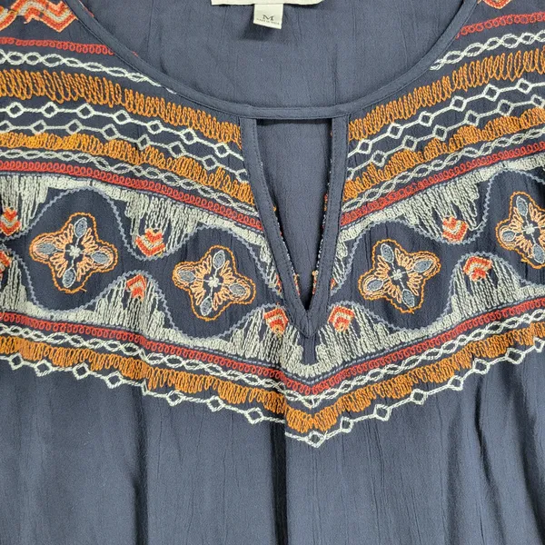 Abercrombie & Fitch Womens Boho Top M Blue Embroidery Tie Flowy Sleeves Keyhole - Image 11