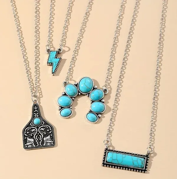 NEW Lot of 4 turquoise pendant necklaces, vintage retro style jewelry, silver - Image 2