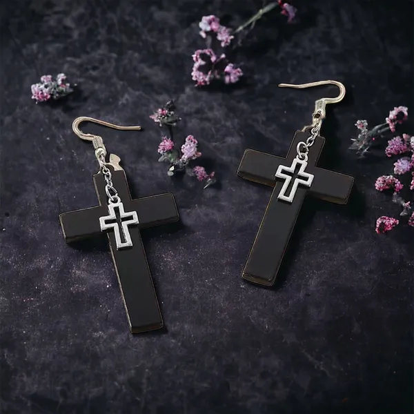Unique design double‎ layer black cross light weight plastic dangle earrings - Image 5