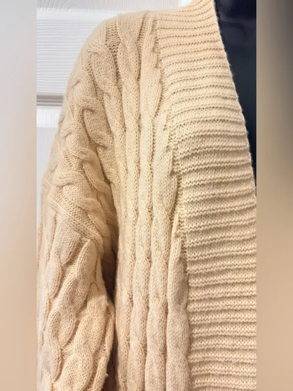 Source Unknown Long Cable-Knit Cardigan - Cream/ Oversized - Image 5