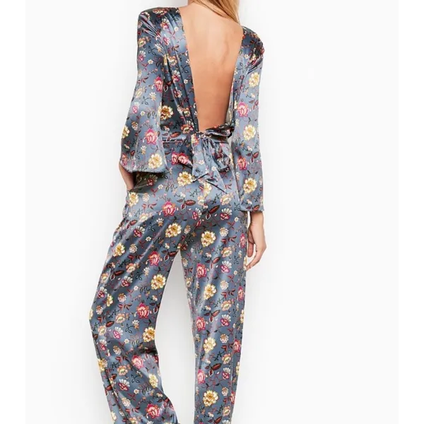 Victoria's Secret Floral Satin Open Back Wide‎ Leg Jumpsuit Medium - Image 2