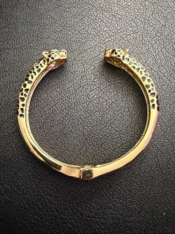 Leopard Head Hinged Cuff Bracelet Gold Tone panther face to face enamel crystal cheetah statement - Image 2
