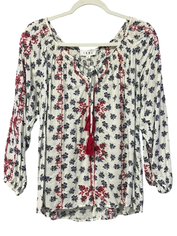 Boho Embroidered Tie-Front Peasant Top M 22” p2p White/Red & Navy Floral EU - Image 2