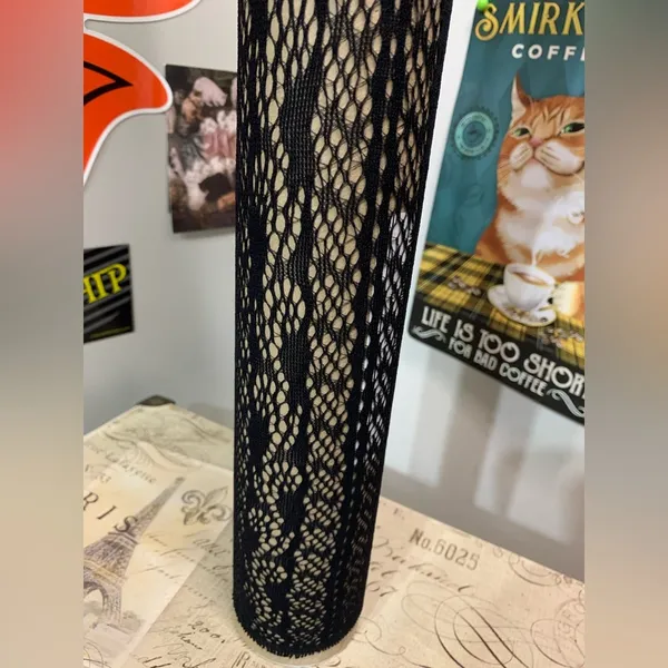 Black Lace Fishnet Footless Tights - Image 3