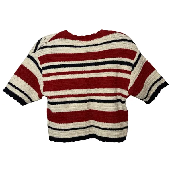 Red White Blue Striped Crochet Knit Crop Sweater Top Nautical Coastal Size Small - Image 3