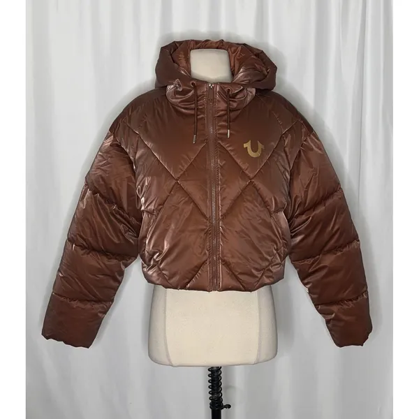 NWT!! TRUE RELIGION High-Shine Metallic Hooded Puffer Jacket Bronze Large - Image 2