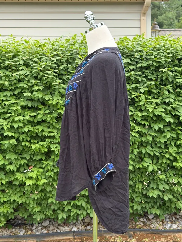 Free People Embroidered Boho Tunic Top Black Blue Festival Peasant Indie Artisan - Image 4