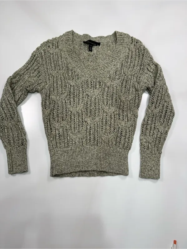 White House Black Market Olive Green V-Neck Cable Knit Sweater - Image 2