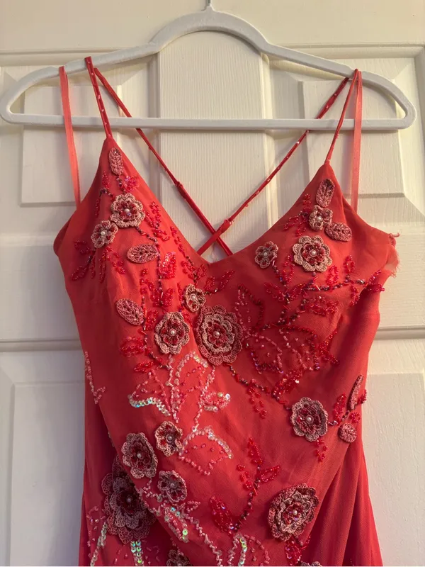 Sue Wong Coral Beaded Spaghetti-Strap Midi Dress - Image 3