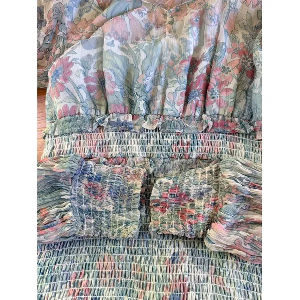 LoveShackFancy Floral Smocked Midi Dress Blue Pink Ruffle Size M - Image 14