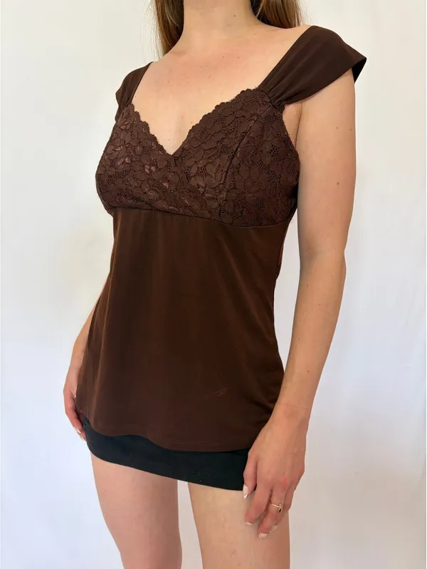 Dark Brown Cap Sleeve Lace Y2k Milkmaid Top - Image 3