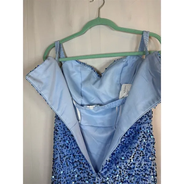 Womens Blue Sequin Ruched Bodycon Mini Dress Sweetheart Off Shoulder - Image 13