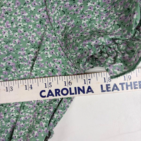 Fashion Floral Pleated Midi Dress Green Purple‎ Ditsy Puff Sleeve V-Neck Size M - Image 3