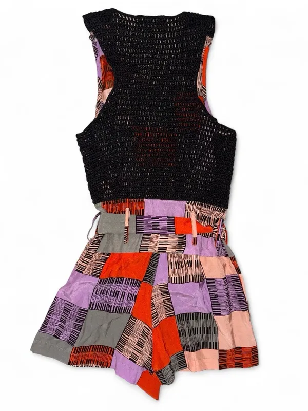 Patchwork Print Sleeveless Romper Dress in Red, Purple, Pink, Gray-Silk - Image 2