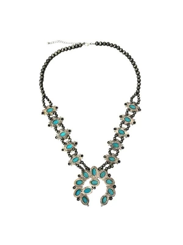 Faux Turquoise Squash Blossom Necklace & Earrings Jewelry Set 3 Pieces Southwest - Image 6